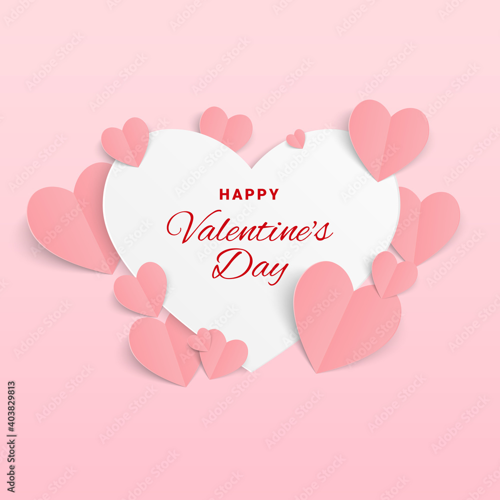 Valentine postcard with paper hearts on pink background. Symbols of love for Happy Valentine's Day greeting card design. Vector illustration