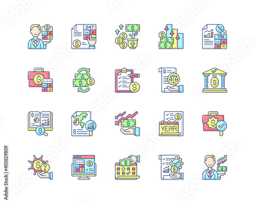 Accounting RGB color icons set. Business controlling methods. Accounting software for your company. Tax accounting process. Isolated vector illustrations