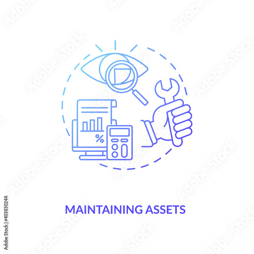 Maintaining assets concept icon. Asset management component idea thin line illustration. Business expenses. Repairs and maintenance. Improving reliability. Vector isolated outline RGB color drawing