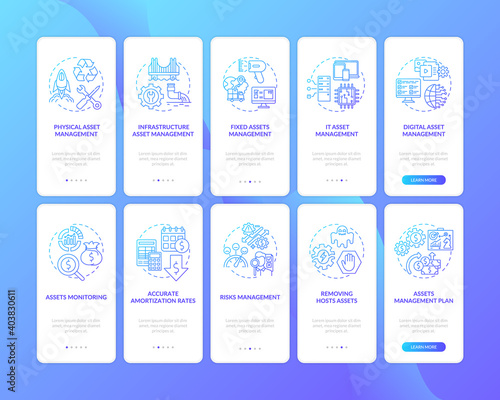 Asset management types onboarding mobile app page screen with concepts set. Amortization rates, plan walkthrough 5 steps graphic instructions. UI vector template with RGB color illustrations