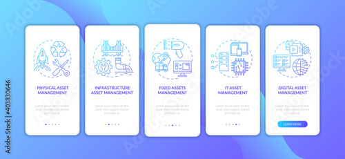 Asset control types onboarding mobile app page screen with concepts. IT and infrastructure managing walkthrough 5 steps graphic instructions. UI vector template with RGB color illustrations
