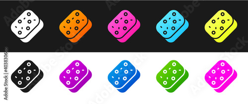 Set Sponge with bubbles icon isolated on black and white background. Wisp of bast for washing dishes. Cleaning service logo. Vector.