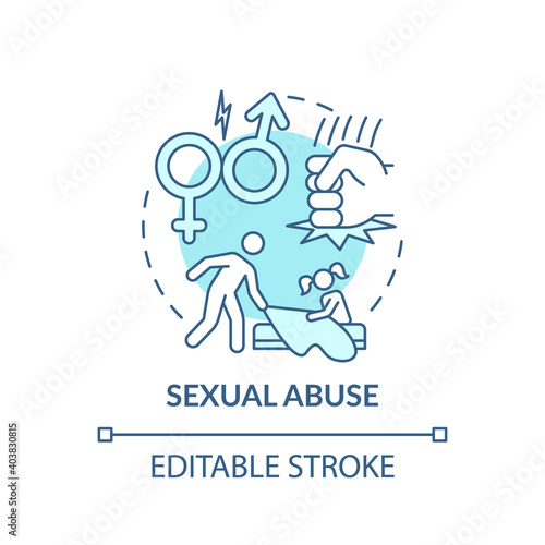 Sexual abuse turquoise concept icon. Kids harassment by adult. Domestic physical violence. Child safety idea thin line illustration. Vector isolated outline RGB color drawing. Editable stroke