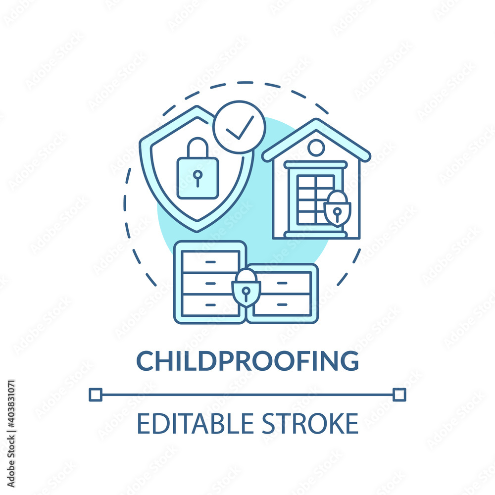 Childproofing turquoise concept icon. Babyproofing home. Secure home for children, baby, toddler. Child safety idea thin line illustration. Vector isolated outline RGB color drawing. Editable stroke Childproofing turquoise concept icon. Babyproofing home. Secure home for children, baby, toddler. Child safety idea thin line illustration. Vector isolated outline RGB color drawing. Editable stroke
