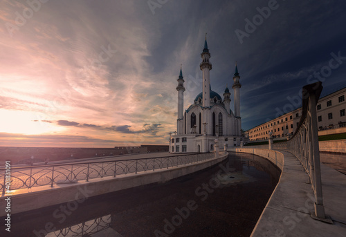 Kul Sharif Mosque in the Kazan Kremlin at sunset. Space for decoration, postcard look.