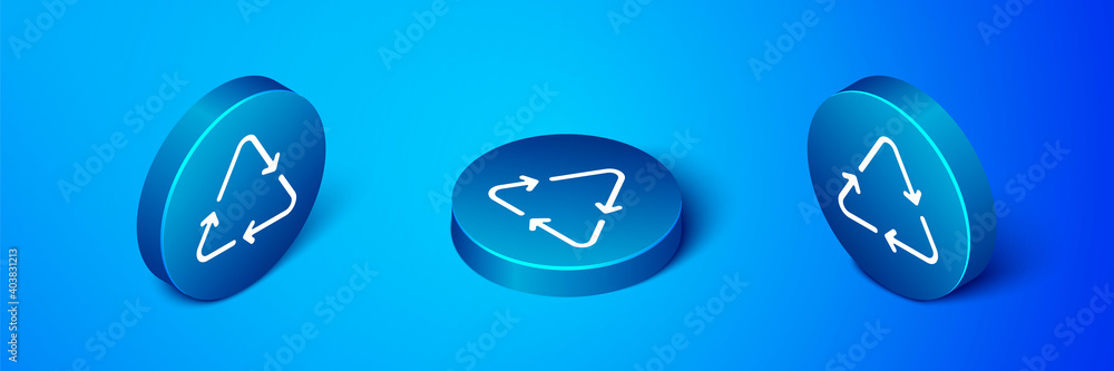 Isometric Recycle symbol icon isolated on blue background. Circular arrow icon. Environment recyclable go green. Blue circle button. Vector. Isometric Recycle symbol icon isolated on blue background. Circular arrow icon. Environment recyclable go green. Blue circle button. Vector.