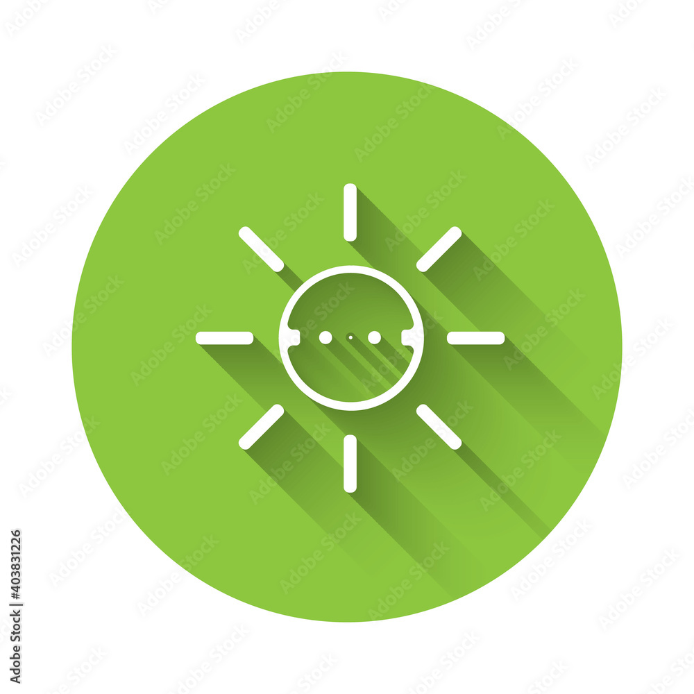 White Solar energy panel icon isolated with long shadow. Sun with lightning symbol. Green circle button. Vector. White Solar energy panel icon isolated with long shadow. Sun with lightning symbol. Green circle button. Vector.