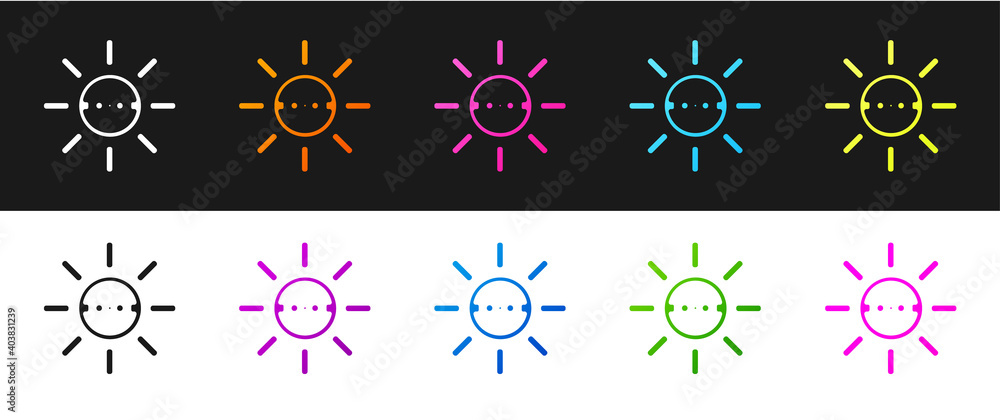 Set Solar energy panel icon isolated on black and white background. Sun with lightning symbol. Vector.