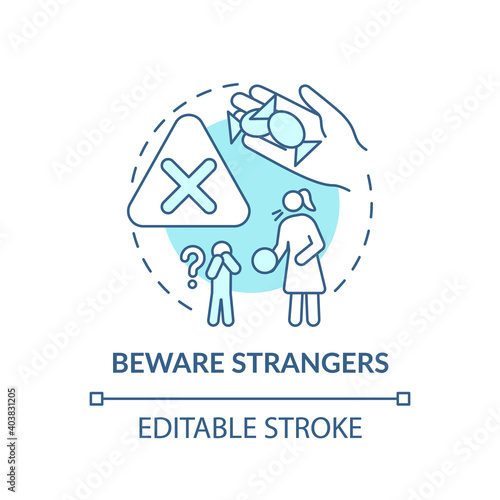 Beware strangers turquoise concept icon. Dangerous unknown person. Teach kid cautious behavior. Child safety idea thin line illustration. Vector isolated outline RGB color drawing. Editable stroke