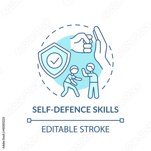 Self-defense skills turquoise concept icon. Practice fighting. Martial art classes. Child safety idea thin line illustration. Vector isolated outline RGB color drawing. Editable stroke
