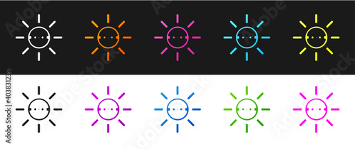 Set Solar energy panel icon isolated on black and white background. Sun with lightning symbol. Vector.