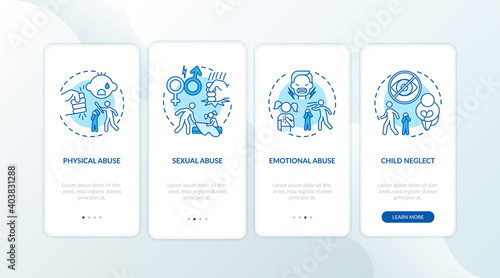 Children abuse blue onboarding mobile app page screen with concepts. Kid harassment. Child neglect walkthrough 4 steps graphic instructions. UI vector template with RGB color illustrations