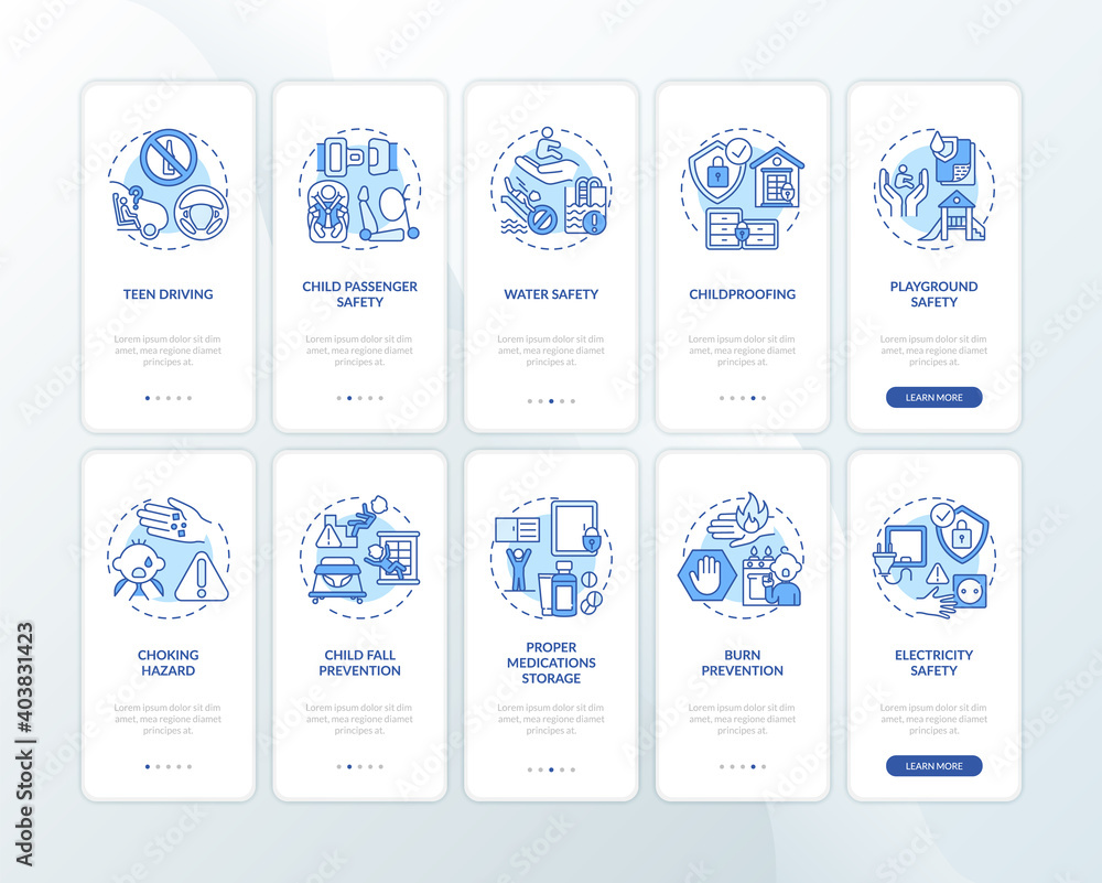 Child safety blue onboarding mobile app page screen with concepts set. Children protection walkthrough 5 steps graphic instructions. UI vector template with RGB color illustrations pack
