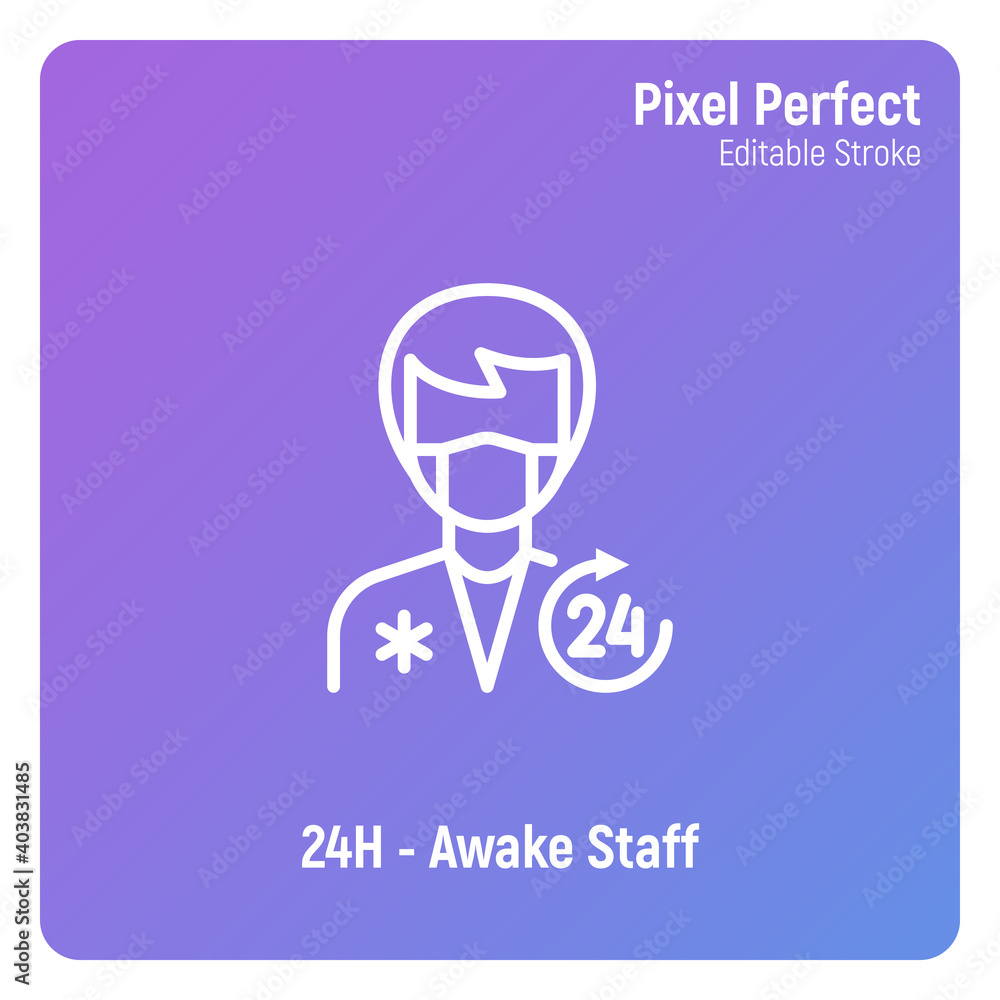 Nursing care, medical staff 24 hr. Man in uniform and surgical mask. Thin line icon. Pixel perfect, editable stroke. Vector illustration. Nursing care, medical staff 24 hr. Man in uniform and surgical mask. Thin line icon. Pixel perfect, editable stroke. Vector illustration.