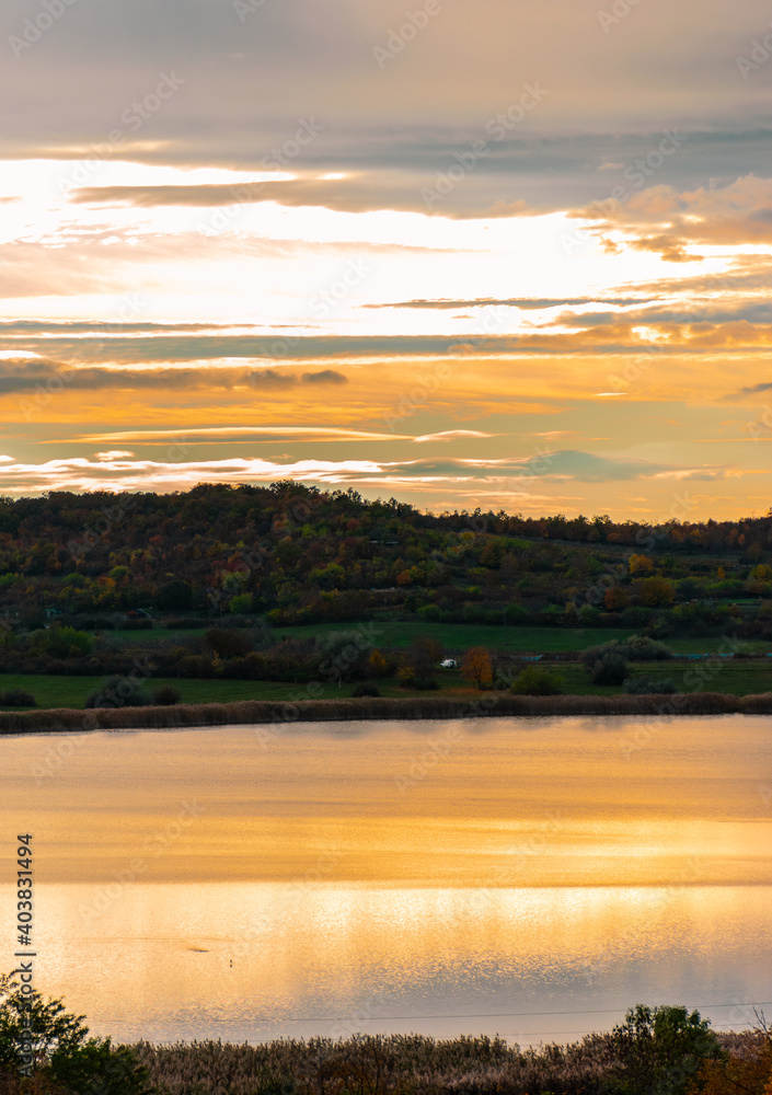 Fototapeta premium Golden sunset in Tihany above the lake.