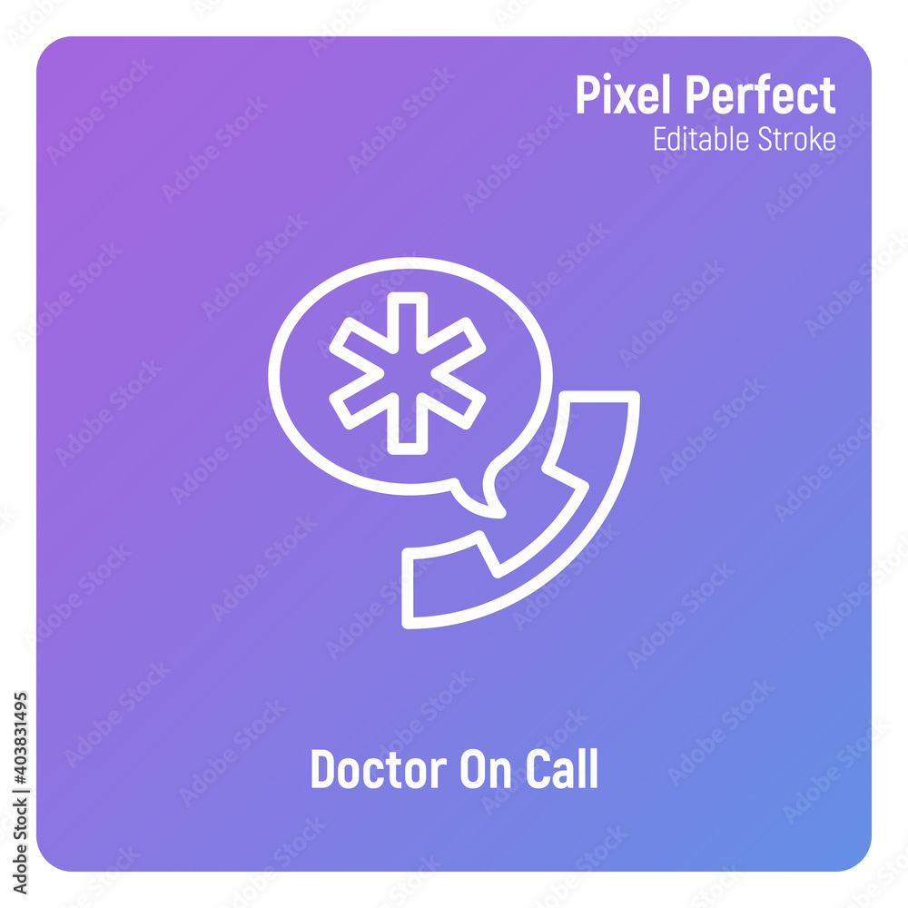 Doctor on call, emergency service, medical support. Thin line icon. Pixel perfect, editable stroke. Vector illustration. Doctor on call, emergency service, medical support. Thin line icon. Pixel perfect, editable stroke. Vector illustration.