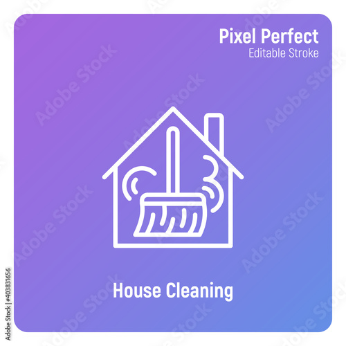 House cleaning service thin line icon. Broom in house. Pixel perfect, editable stroke. Vector illustration.
