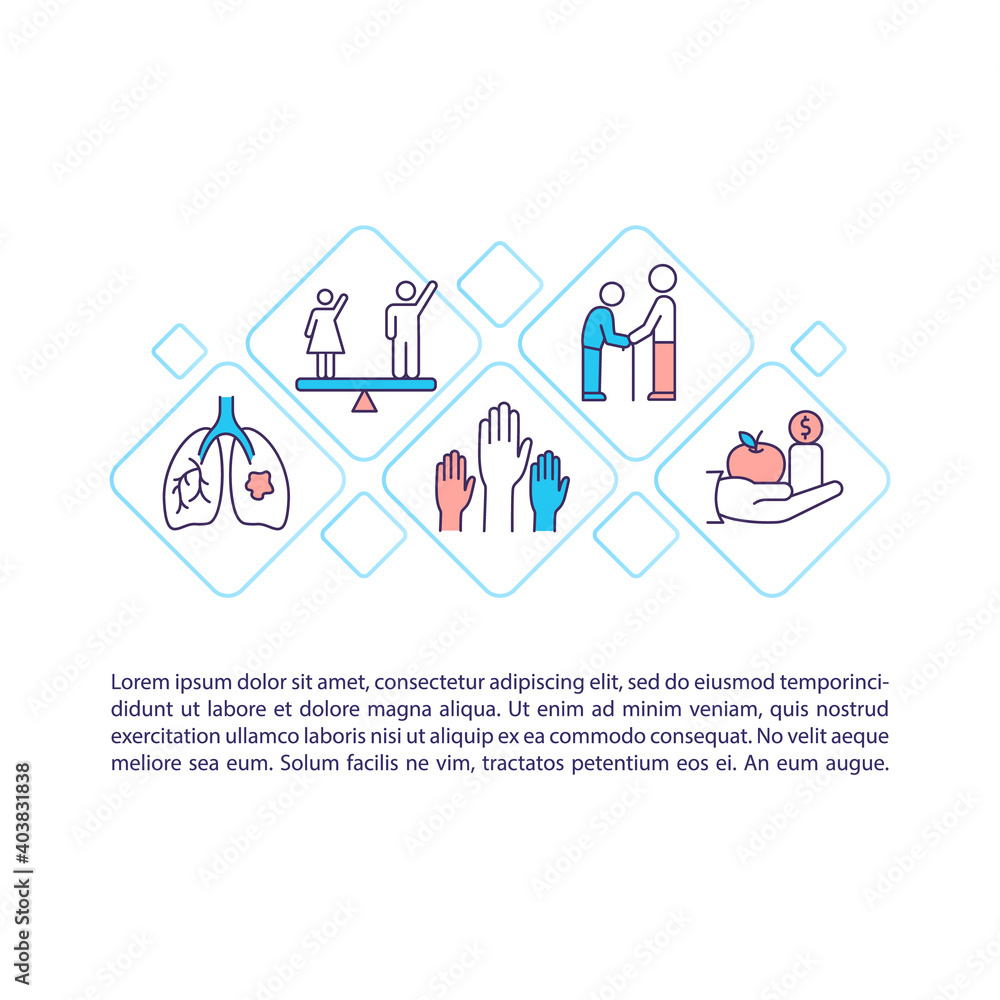 Fototapeta premium Health policy concept icon with text. Human rights and gender equality. Healthcare for older persons. PPT page vector template. Brochure, magazine, booklet design element with linear illustrations