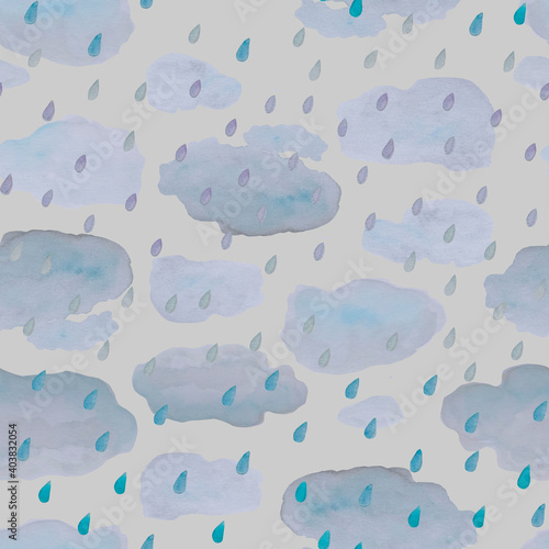 Watercolor pattern with rain and clouds