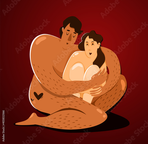 Couple in love hugging naked, lovers with passion girlfriend and boyfriend st Valentine day vector illustration.