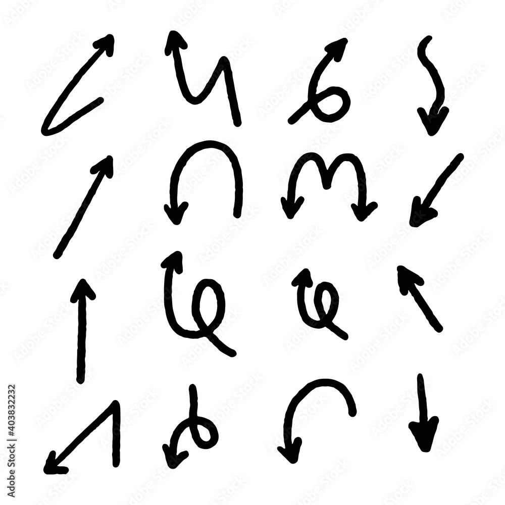 The collection of hand drawn arrows. Arrows set on the white background. Vector EPS 10. The collection of hand drawn arrows. Arrows set on the white background. Vector EPS 10.