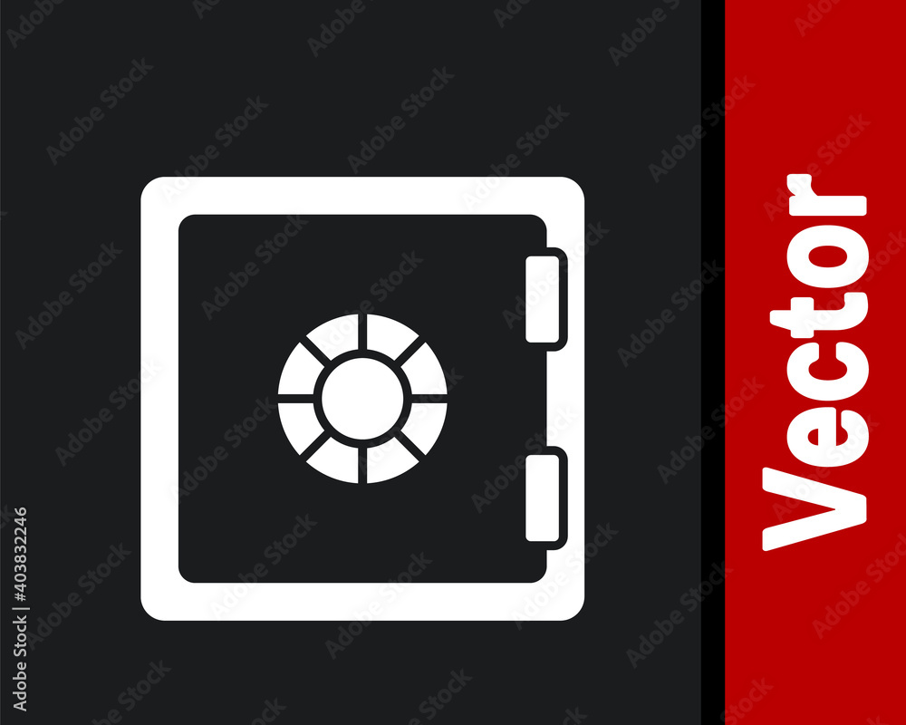 White Safe icon isolated on black background. The door safe a bank vault with a combination lock. Reliable Data Protection. Vector. White Safe icon isolated on black background. The door safe a bank vault with a combination lock. Reliable Data Protection. Vector.