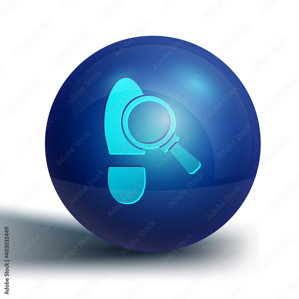 Blue Magnifying glass with footsteps icon isolated on white background. Detective is investigating. To follow in the footsteps. Blue circle button. Vector. Blue Magnifying glass with footsteps icon isolated on white background. Detective is investigating. To follow in the footsteps. Blue circle button. Vector.