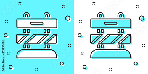 Black line End of railway tracks icon isolated on green and white background. Stop sign. Railroad buffer end to destination. Random dynamic shapes. Vector.