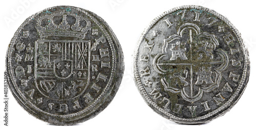 Spanish silver coins of the King Felipe V. 1717. Coined in Madrid. 2 reales. photo
