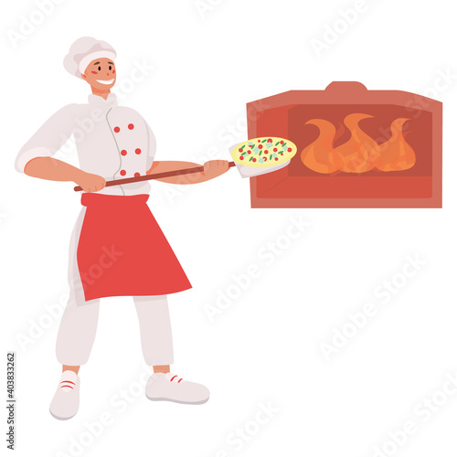 Pizzaiolo puts pizza in a stone oven with fire. pizza maker work. pizzeria. Cooking pizza vector illustration. concept of cafes and restaurants