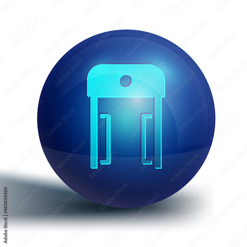 Blue Metal detector in airport icon isolated on white background. Airport security guard on metal detector check point. Blue circle button. Vector. Blue Metal detector in airport icon isolated on white background. Airport security guard on metal detector check point. Blue circle button. Vector.