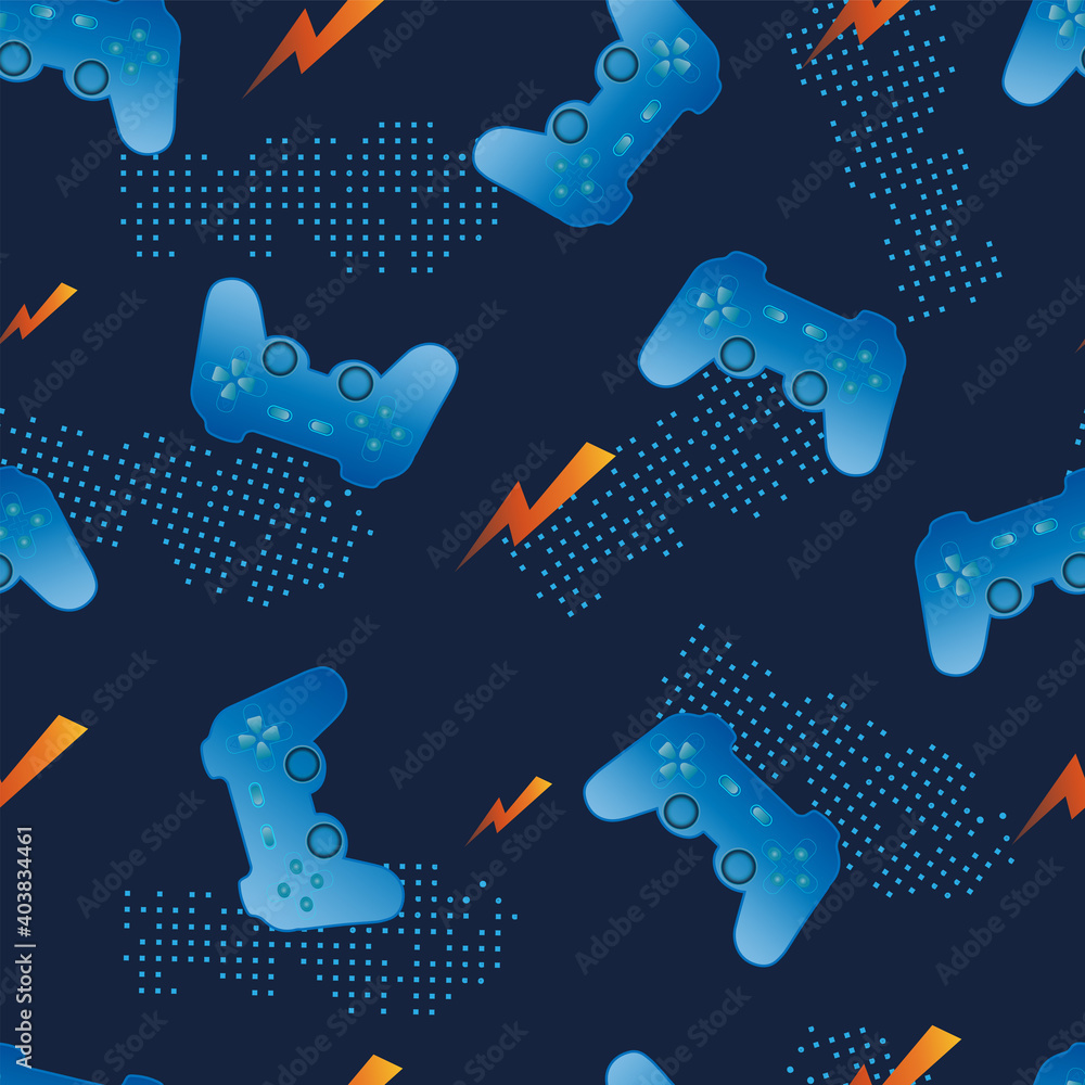 Game joystick. Seamless pattern with blue gaming joystick, orange lightning and geometric elements on blue background.