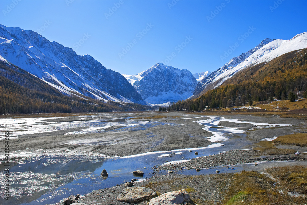Autumn in the valley of the Akturu river at the foot of the glaciers of the North Chui range.