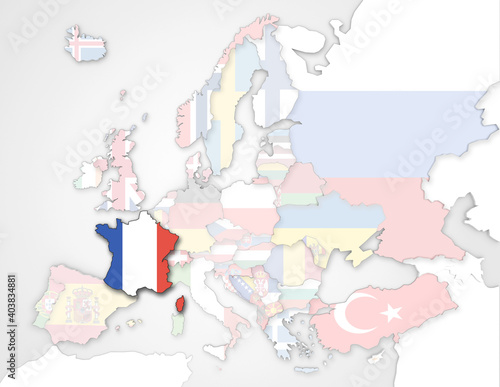 3D Europakarte auf der Frankreich hervorgehoben wird und die restlichen Flaggen transparent sind   © Benjamin ['O°] Zweig