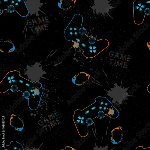 Abstract seamless urban pattern for guys with joystick, blots, spray and game time, text.