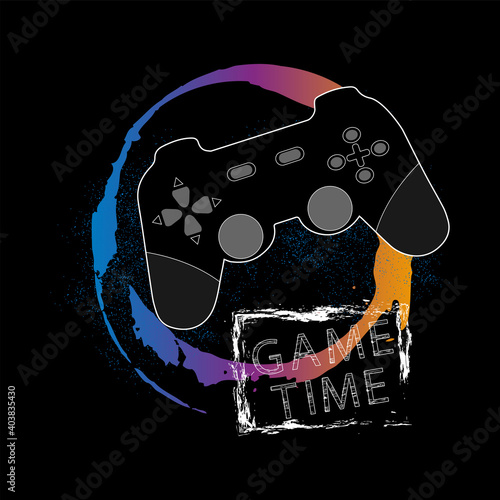 Vector illustration with game joystick, circle with gradient and text.