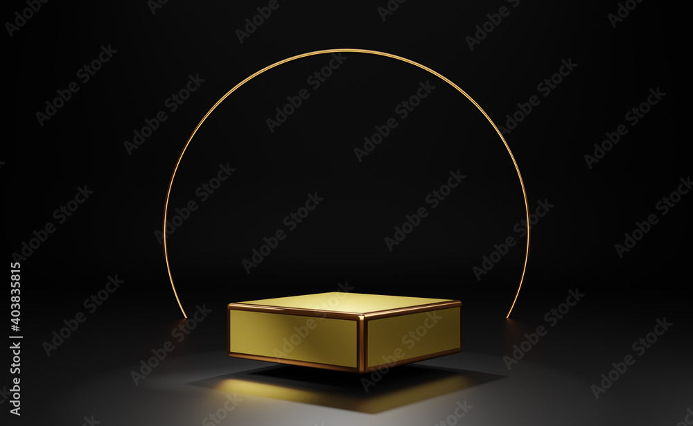Gold podium empty with geometric shapes in black composition for modern stage display and minimalist mockup ,abstract showcase background ,Concept 3d illustration or 3d render Gold podium empty with geometric shapes in black composition for modern stage display and minimalist mockup ,abstract showcase background ,Concept 3d illustration or 3d render