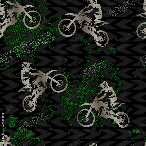 Seamless sport pattern for boys with motocross. Abstract background with man on motorcycle.