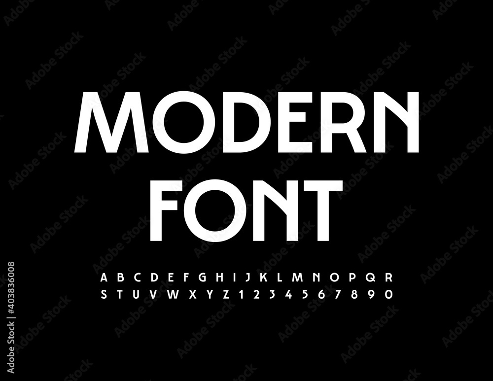 Vector Modern Font. Elegant style Alphabet. White Uppercase Letters and Numbers set