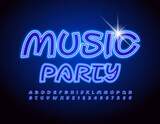 Vector event poster Music Party. Trendy Neon Font. Blue creative Alphabet Letters and Numbers set