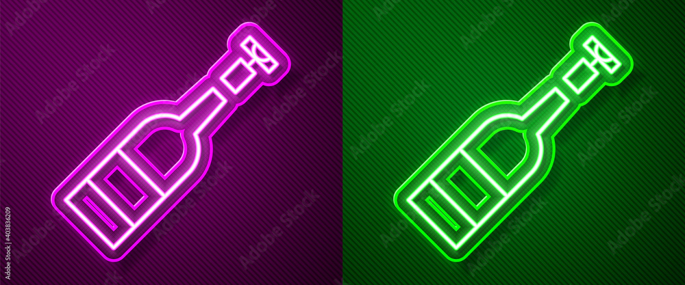 Glowing neon line Opened bottle of wine icon isolated on purple and green background. Vector Illustration. Glowing neon line Opened bottle of wine icon isolated on purple and green background. Vector Illustration.