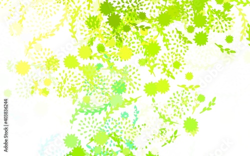 Light Green, Yellow vector doodle backdrop with flowers, roses.