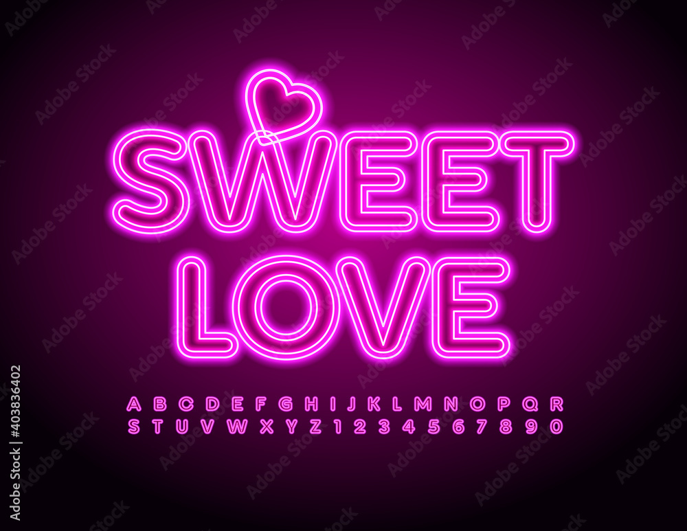 Vector cute text Sweet Love with Decorative Heart. Pink Neon Font. Glowing Alphabet Letters and Numbers set