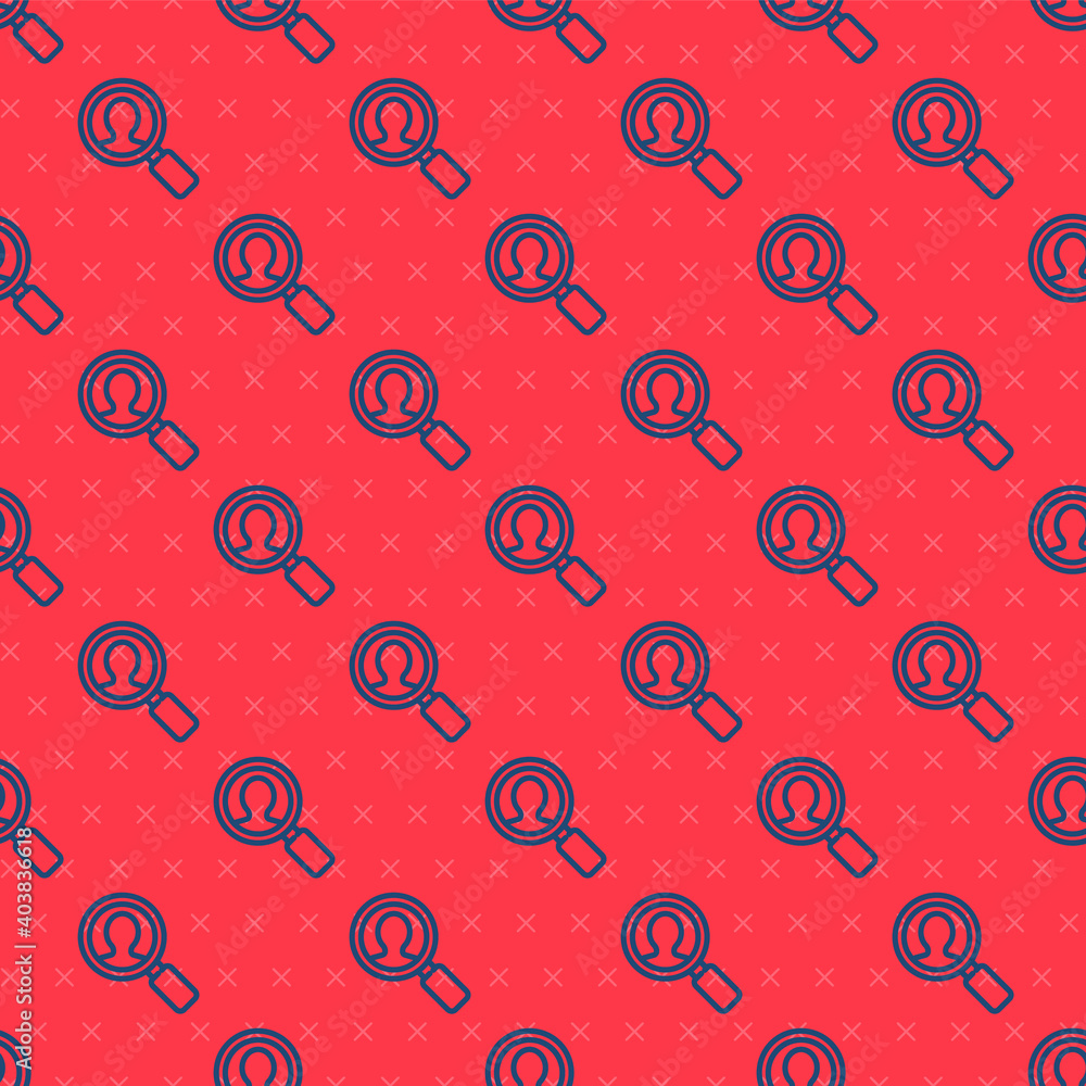 Blue line Magnifying glass for search a people icon isolated seamless pattern on red background. Recruitment or selection. Search for employees and job. Vector Illustration.