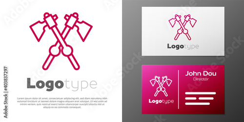 Logotype line Crossed medieval axes icon isolated on white background. Battle axe, executioner axe. Medieval weapon. Logo design template element. Vector.