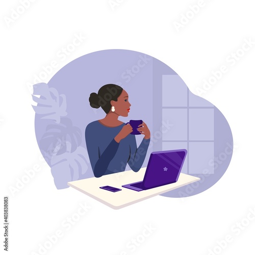 Beautiful black woman working at home with laptop at the desk. Concept of online education, freelance, remote work. Vector illustration. African-american woman tutor work on laptop.