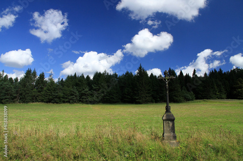 Old roadside shrine in Jasiel - former and abandoned village in Low Beskids, Poland photo