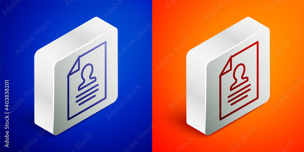 Isometric line Resume icon isolated on blue and orange background. CV application. Searching professional staff. Analyzing personnel resume. Silver square button. Vector. Isometric line Resume icon isolated on blue and orange background. CV application. Searching professional staff. Analyzing personnel resume. Silver square button. Vector.