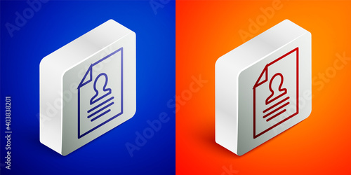 Isometric line Resume icon isolated on blue and orange background. CV application. Searching professional staff. Analyzing personnel resume. Silver square button. Vector.