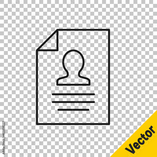 Black line Resume icon isolated on transparent background. CV application. Searching professional staff. Analyzing personnel resume. Vector.